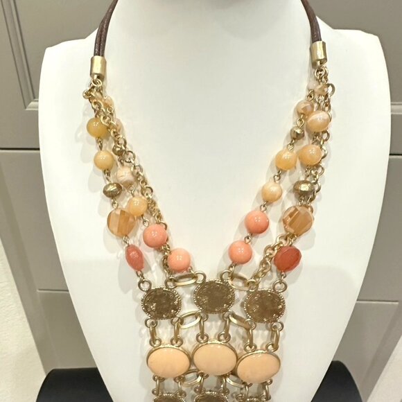 Peach orange Gold tone Large Jewel Statement Multi Strand Necklace - Picture 2 of 5